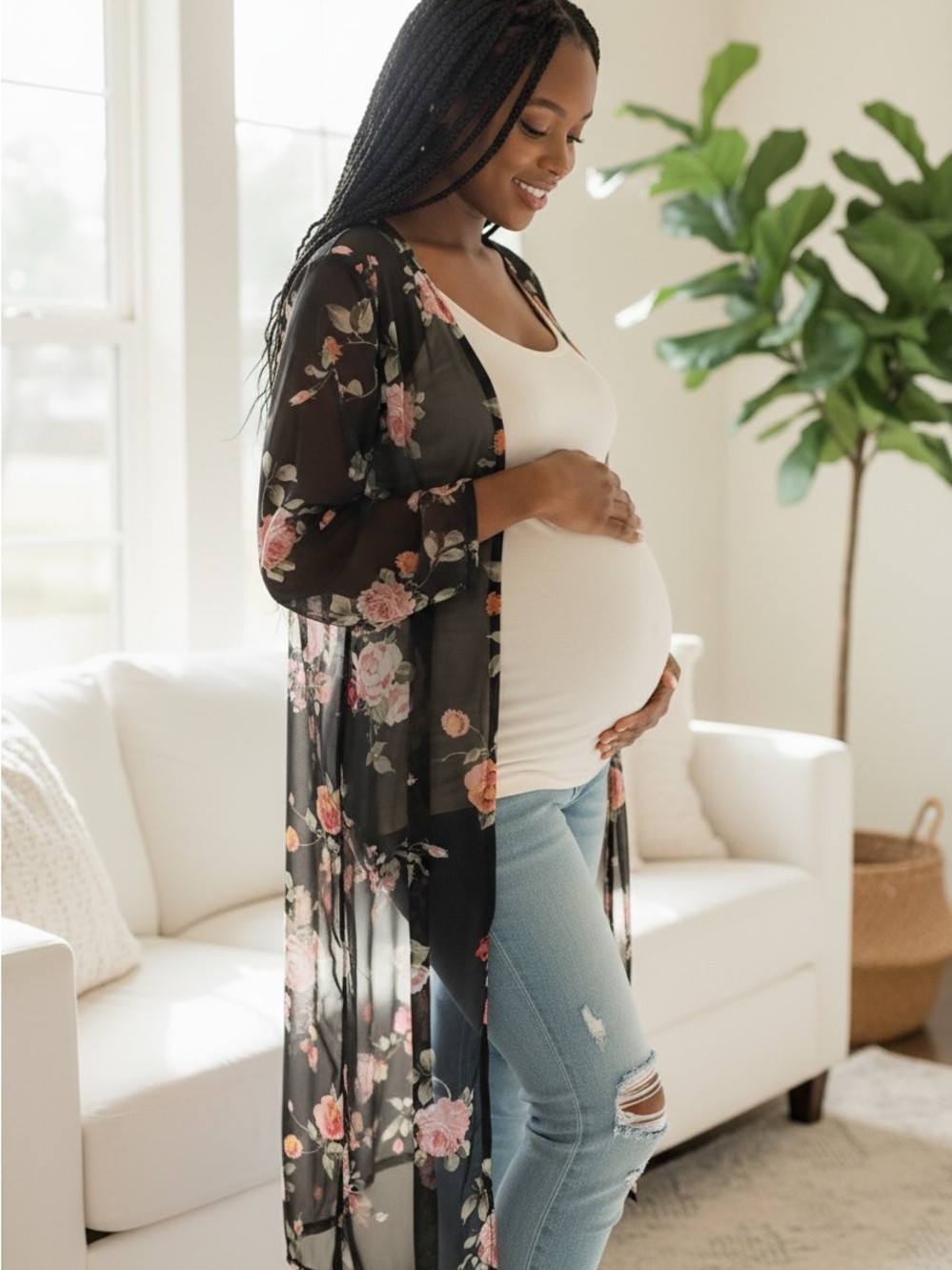 Siren Lily Black Floral Sheer Kimono Wrap with Pink Roses and Green Leaves